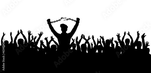Silhouette of man breaking chain of handcuffs on background of cheerful crowd people. Concept of freedom. Vector illustration.