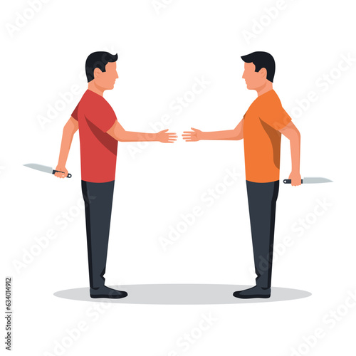 Betrayal metaphor. Two businessman shaking hands. Traitor businessman holds a knife for back. Cartoon male characters. Betrayal and lies. Vector illustration flat design.