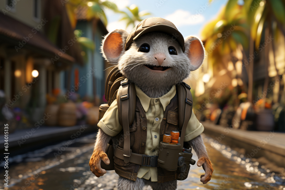 Cute mouse with backpack and binoculars in the city. Traveler rat. Traveler mouse.  3d illustration.