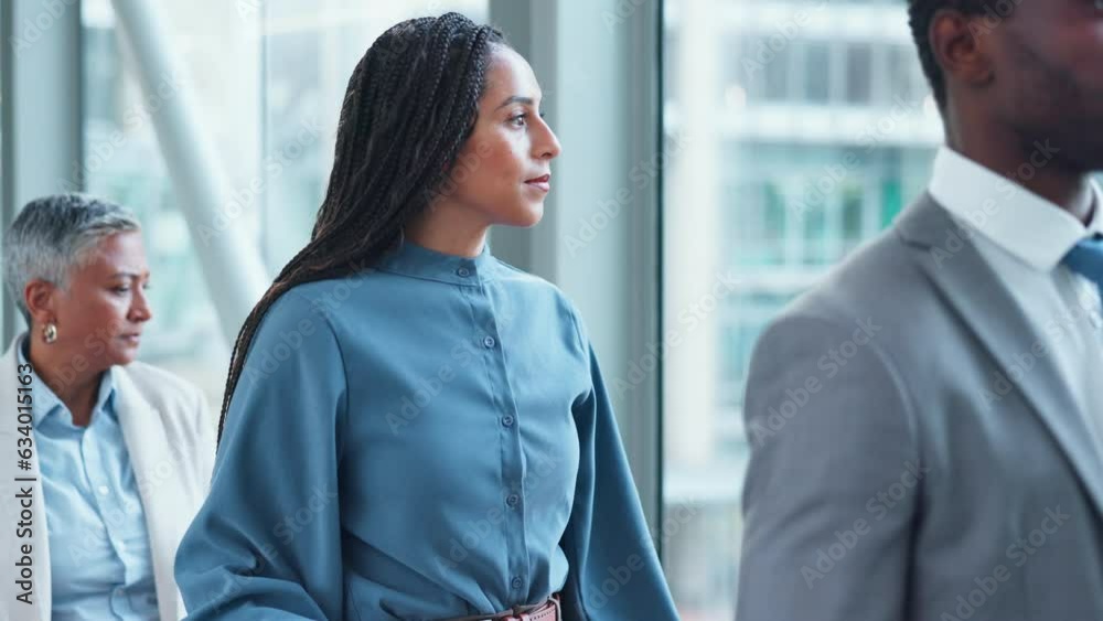 Time, delay and a business black woman in the airport, waiting in line for a flight with her boarding pass. Watch, documents and late with an employee in queue on a bridge in a departure terminal
