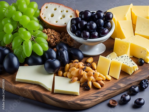Assorted cheeses with grapes, fruit and nuts on wooden board, composition with different types of cheeses, Ai generation