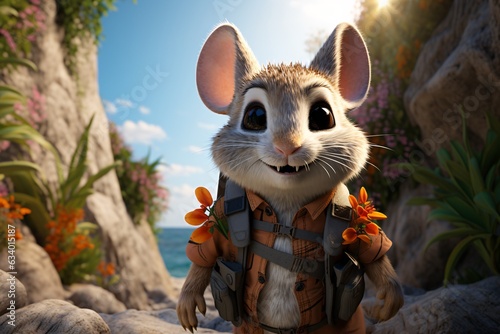 3D rendering of a cute little mouse with a backpack and flowers. Traveler rat. Traveler mouse.  3d illustration. photo