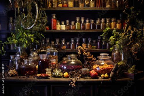 A witch's apothecary, filled with potions, spell books, and mystical ingredients © IonelV