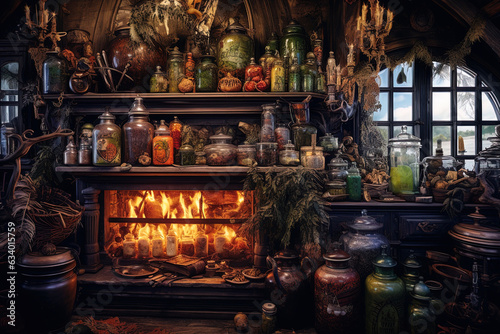 A witch's apothecary, filled with potions, spell books, and mystical ingredients