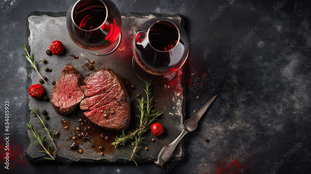 Dinner for two .Various degrees of roasted beef steak in the shape of a heart with spices and bottles of red wine with glasses on a stone background. valentines day celebration concept - obrazy, fototapety, plakaty 