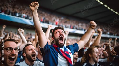 French fan, emotions overwhelm. Supporters cheer in bleacher in French rugby match 2023.