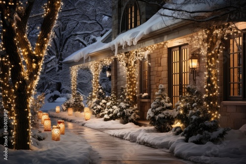 the enchanting beauty of a snow-covered garden adorned with glimmering holiday decorations, such as sparkling snowflake ornaments, and fairy lights wrapped around trees