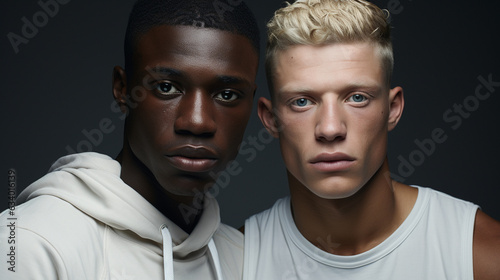 Portrait of two attractive fashion models with great skincare of all races. Generative AI