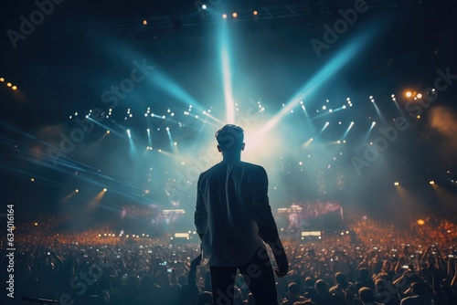 At a concert, there is a man who is standing in front of the crowd