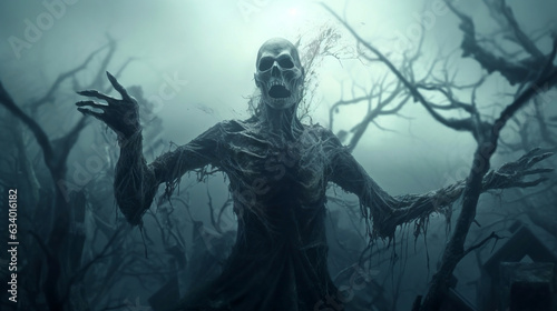Eerie fog envelops a chilling graveyard as a creepy skeleton looms, casting an ominous presence. Halloween illustration.