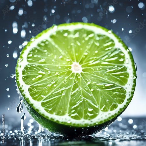 Fresh lime slice in water splash on blurred background.

