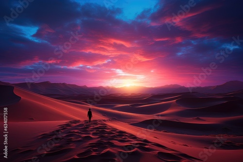 Capturing Twilight's Magic: Traveler's Silhouette on the Sand Dune, Embarking on a Journey into the Dusk Generative AI 