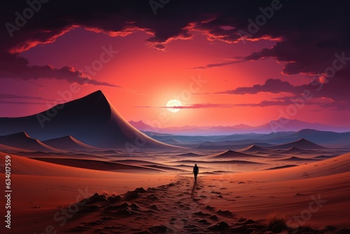 Sculpting Serenity: Traveler's Silhouette Amidst the Sand Dune, a Tale Unfolding Under Twilight's Brushstrokes Generative AI 