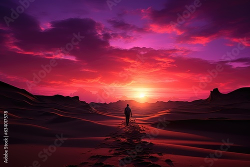 Between Earth and Sky: Traveler's Silhouette Climbing the Sand Dune, Twilight's Spectrum as the Backdrop Generative AI 