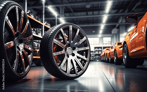 Modern Tire Store Displaying Alloy Wheel Stand. Generative AI