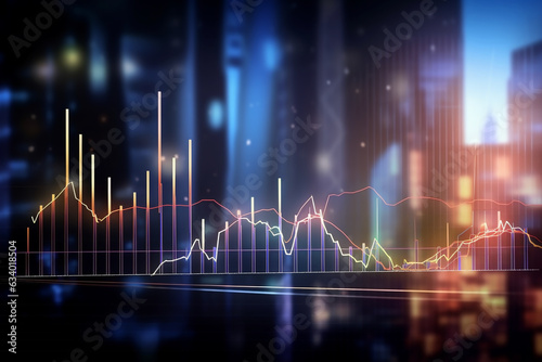 Financial chart graph shining in the city with business and stock market image and blurred night scene in the background, concept suitable for growth and investment. © cwa