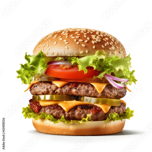 Delicious hamburger on simple white background, generative ai