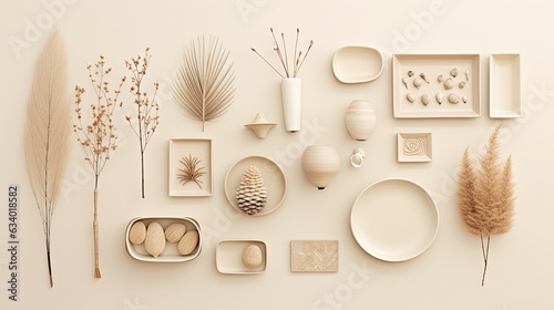 A stylish top view display of Scandinavian decor design elements in serene warm neutrals, offering a minimalist and calming background with ample negative space for text or graphics. Generative AI. 
