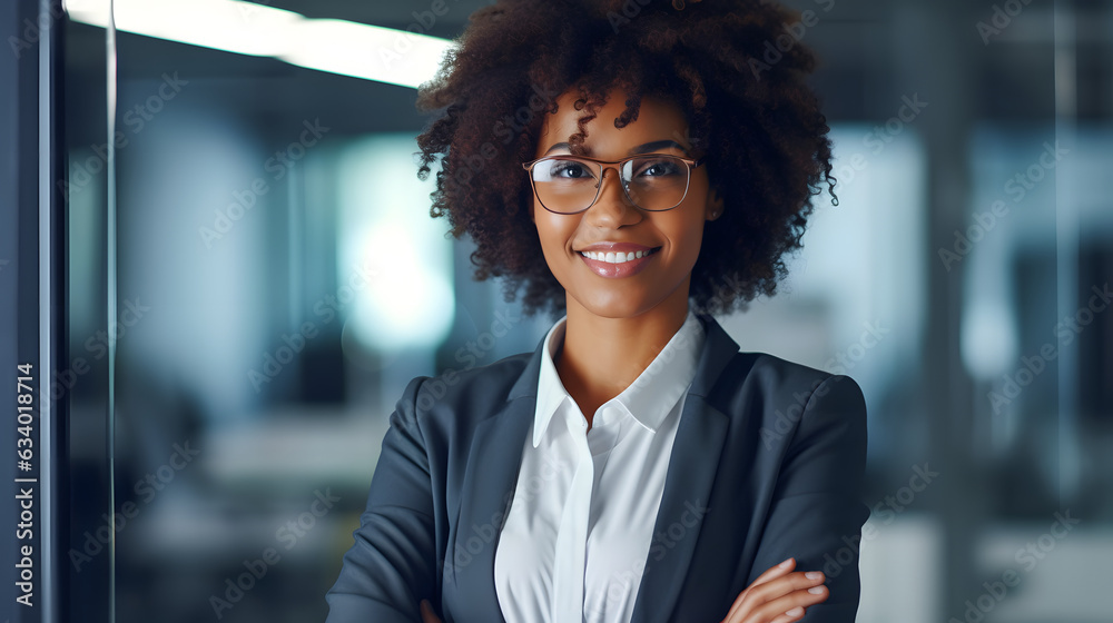 Happy middle aged business afro woman ceo standing in office arms crossed. Smiling mature confident professional executive manager, proud lawyer, businessman leader wearing white suit Happy middle aged business afro woman ceo standing in office arms crossed. Smiling mature confident professional executive manager, proud lawyer, businessman leader wearing white suit