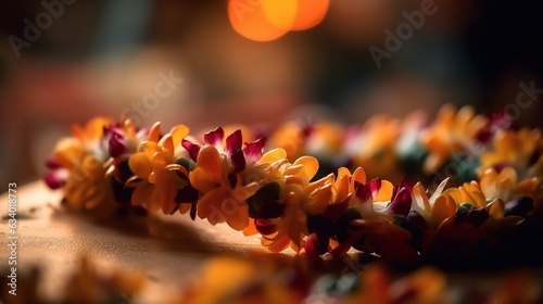 Hawaiian Lei  garland of exotic flowers  blurred background. Generative AI.