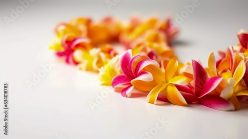 Hawaiian Lei, garland of exotic flowers, blurred background. Generative AI.