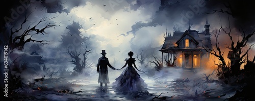 Wedding couple in medieval costumes with vampire style make up standing in the dark, Halloween theme.