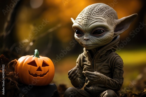 illustration of cute and spooky halloween alien monster with pumpkin for Halloween celebration