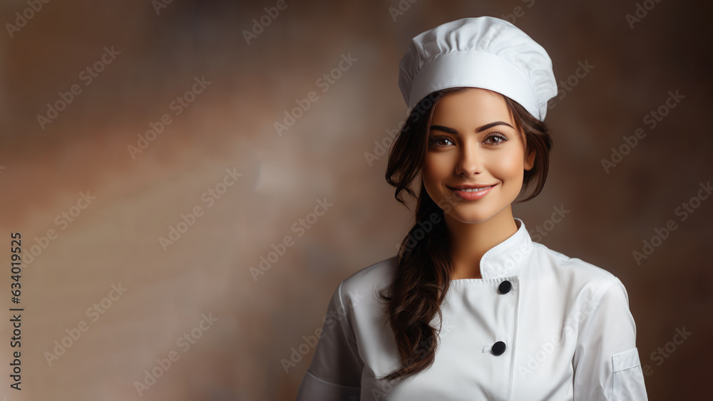 Female chef wearing a white uniform smiling friendly, for background with copy space for text Female chef wearing a white uniform smiling friendly, for background with copy space for text