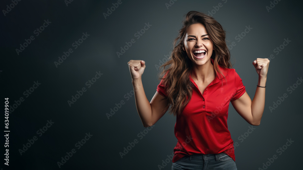 Fototapeta premium Young happy woman screaming cheering at soccer championship, wearing red jersey