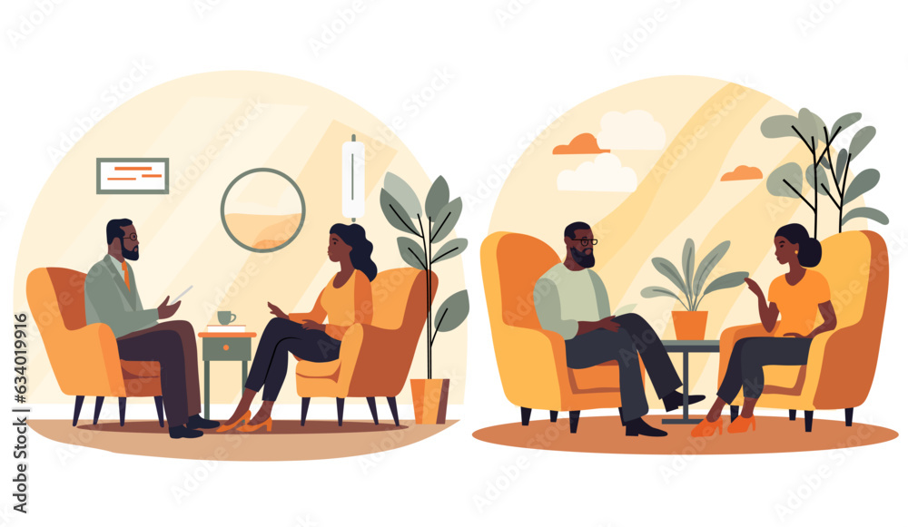 Concept of psychological healing. Woman attending a therapy appointment, engaging with a psychiatrist. Tackling stress, addictive behaviors, and mental hurdles. Vector.