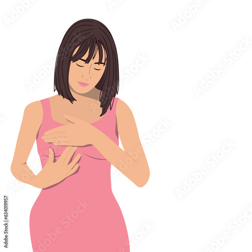 Young woman doing breast self-examination (BSE). Breast Cancer Awareness concept. Vector illustration
