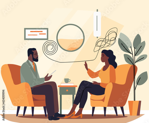 Mental health therapy notion. Female patient in a psychologists setting. Discussing with a psychiatrist while seated. Addressing stress, dependencies, and psychological issues. Vector. © YustynaOlha