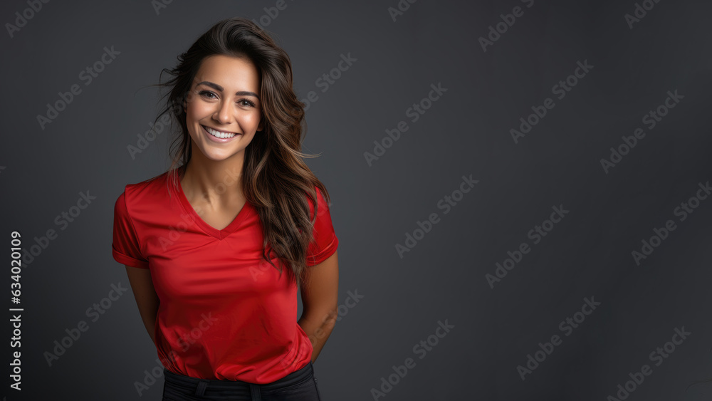 Young happy woman cheering at soccer championship, wearing red jersey Young happy woman cheering at soccer championship, wearing red jersey