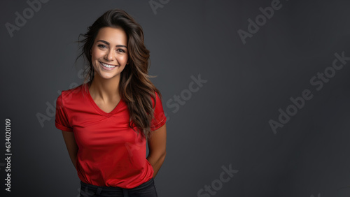 Young happy woman cheering at soccer championship, wearing red jersey