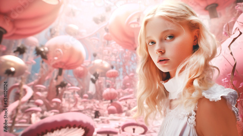 Female child immersed in whimsical virtual world, surrounded by enchanted landscapes and fairy-tale creatures. Wonderland in Barbie pink fantasy. Banner. Generative Ai content.