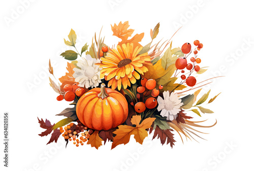 Autumn card with orange pumpkins and yellow flowers. Vector illustration. Generated AI