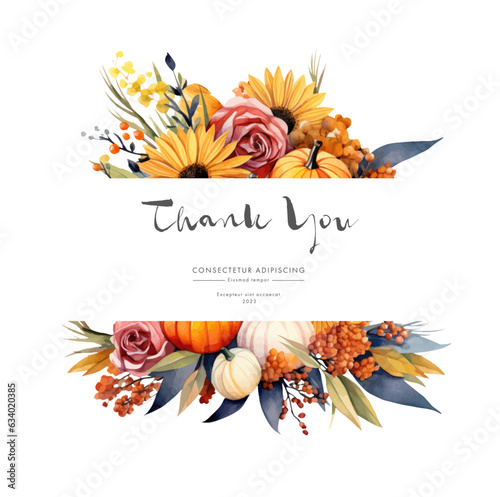 Autumn card with orange pumpkins and yellow flowers. Vector illustration. Generated AI
