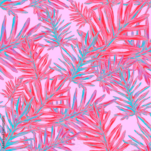 Watercolor seamless pattern with tropical leaves. Beautiful allover print with hand drawn exotic plants. Swimwear botanical design. 