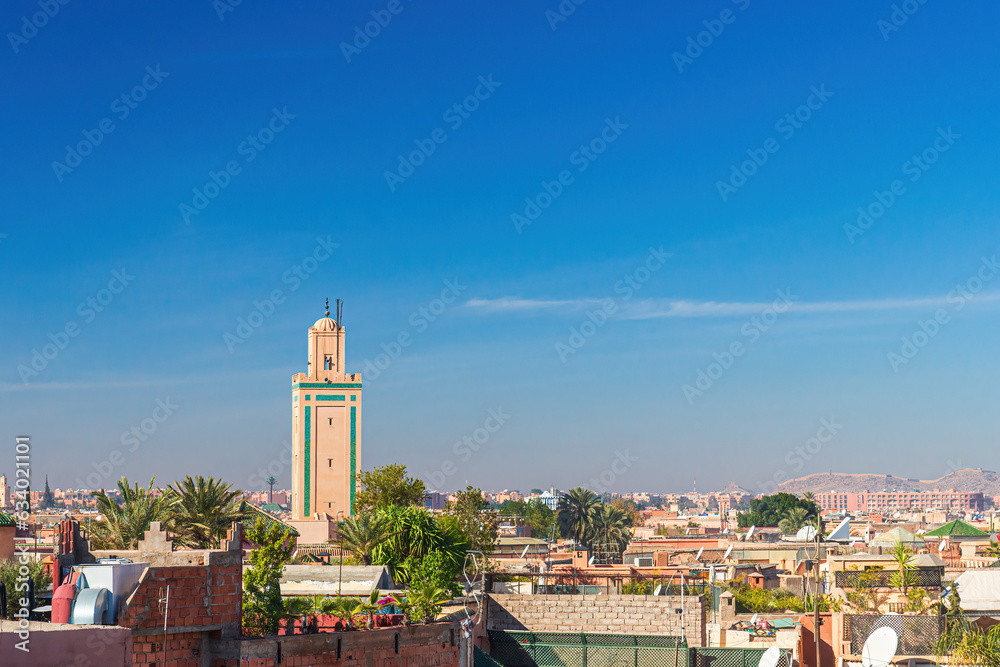Cityscape with Koutoubia Mosque after sunset, Marrakesh, Morocco