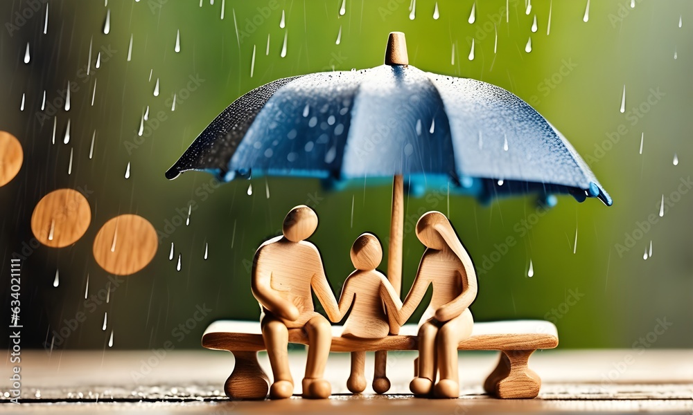 Glückkliche Familie im Regen unter einem Regenschirm - symbolik für Schutz und glück - obrazy, fototapety, plakaty 
