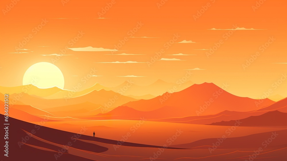 Vector art illustration with a mountain range and a setting sun with orange hues. AI generative art