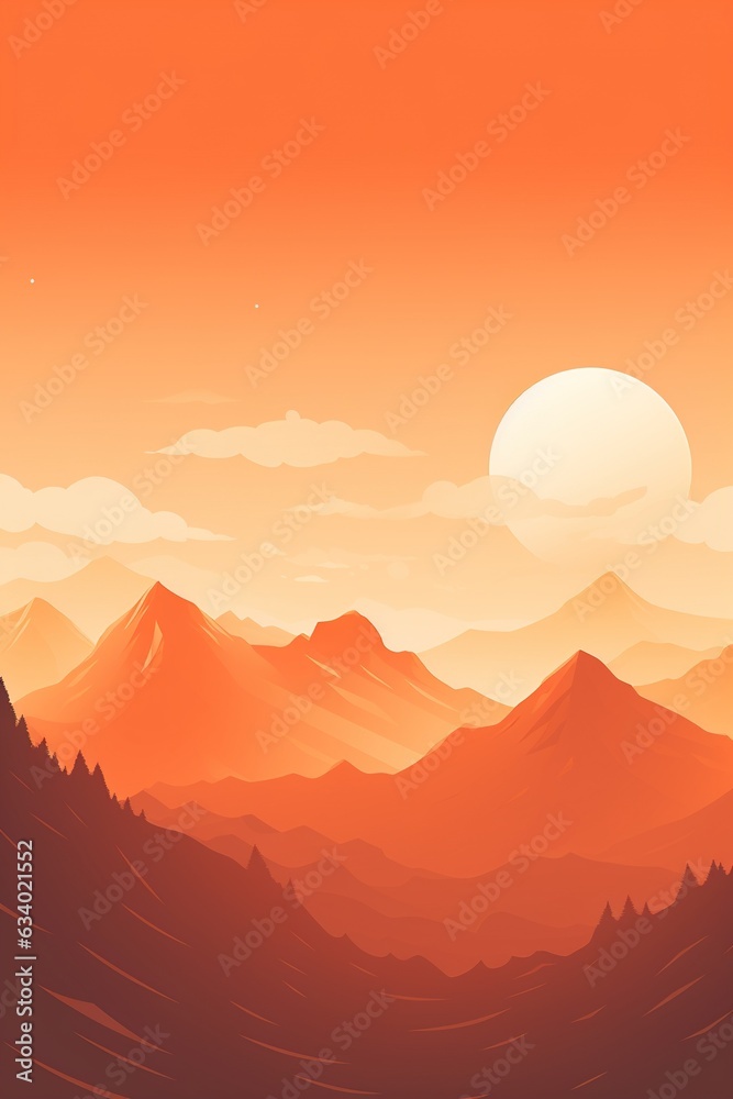 Vector art illustration with a Desert landscape scene and a setting sun with orange hues. AI generative art