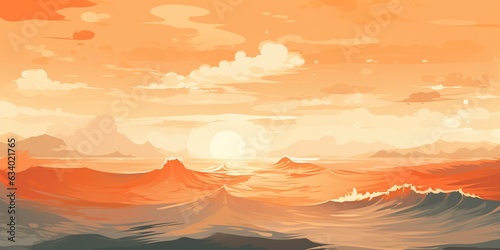 Vector art illustration with a mountain range and a setting sun with orange hues. AI generative art © W&S Stock