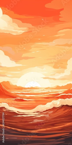 Vector art illustration with a Desert landscape scene and a setting sun with orange hues. AI generative art