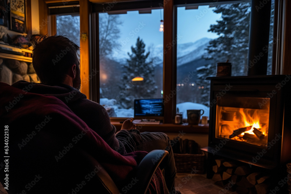 Cozy mountain cabin in Colorado during winter: A digital nomad next to a fireplace, looking through a window at the snow - covered landscape, warm, indoor lighting