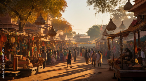 Busy Indian marketplace during festival, vivid colors, crowd, festive decorations, traditional attire, people engaged in bargaining, spices, and trinkets displayed