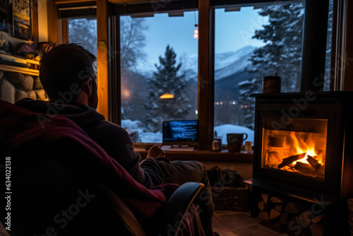 Cozy mountain cabin in Colorado during winter  A digital nomad next to a fireplace  looking through a window at the snow - covered landscape  warm  indoor lighting