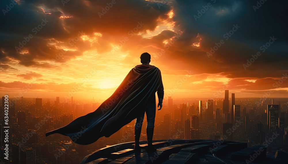 A super hero wearing a long red cape and boots standing on the top of a tall building looking at a metropolis city with the sunset in the background, copy space - Generative AI - obrazy, fototapety, plakaty 