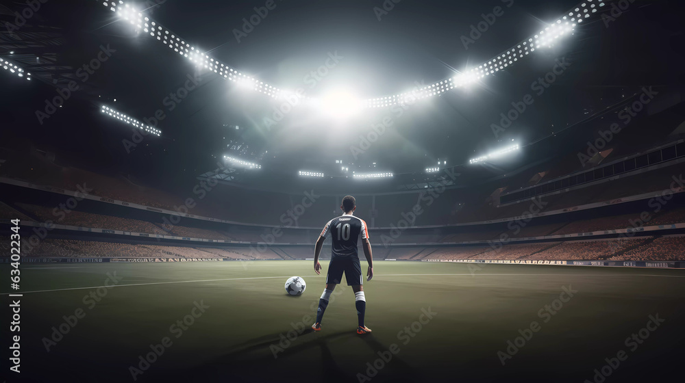 Football player stand behind ball looking for goal with showing number from back view in the stadium with spotlight.illustration vector. Football player stand behind ball looking for goal with showing number from back view in the stadium with spotlight.illustration vector.