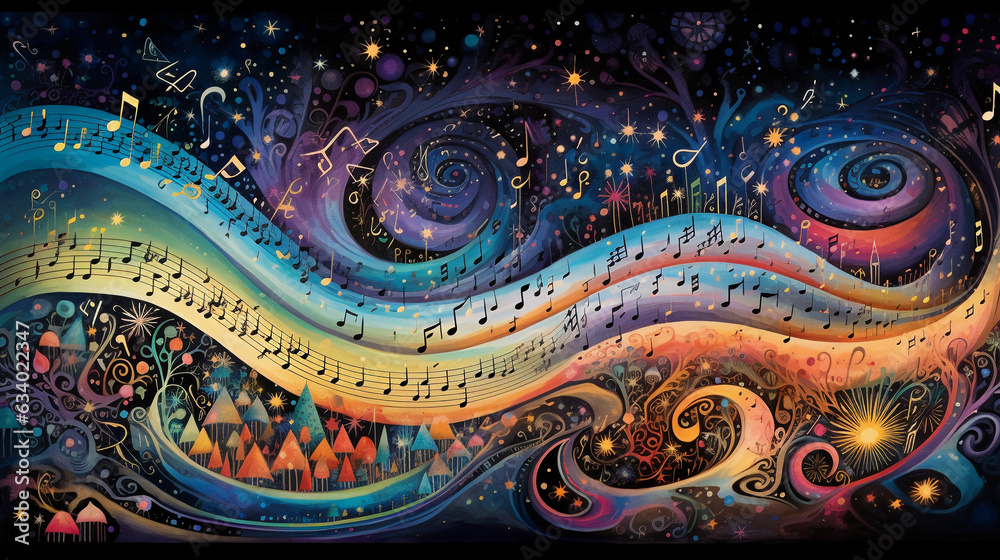 Lullabies of the world: Abstract representation of the melody lines of various cultural lullabies, illustrated in the form of a tapestry of flowing music notes Lullabies of the world: Abstract representation of the melody lines of various cultural lullabies, illustrated in the form of a tapestry of flowing music notes